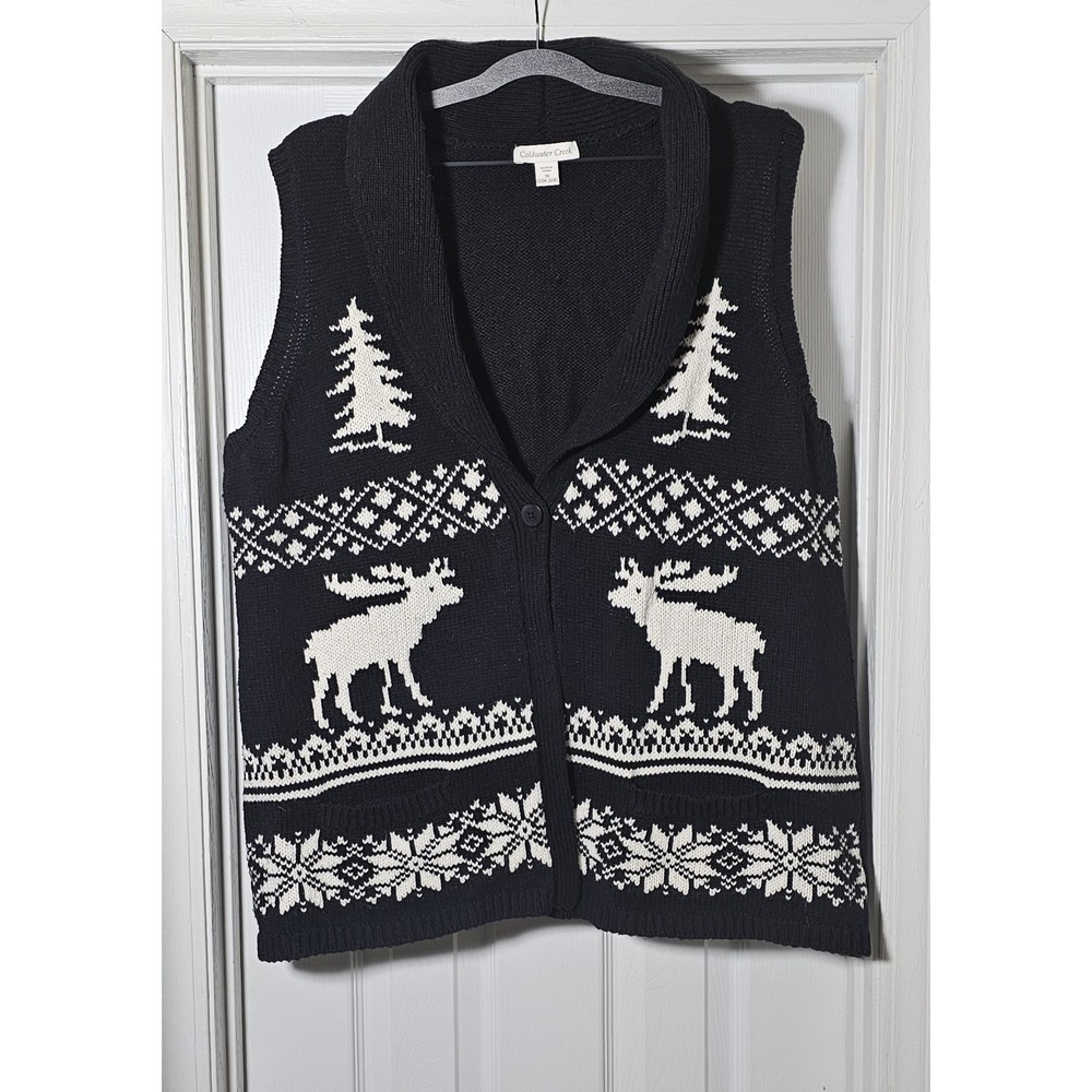 Coldwater Creek Fair Isle Moose Cardigan Sweater Vest 3XL Cabincore Granny